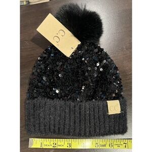 C.C Chenille Top Sequin Faux Fur Pom Hat Black NWT
